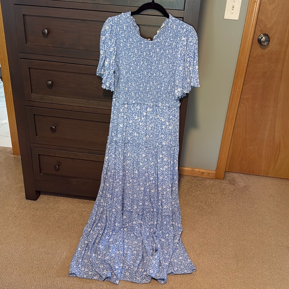 Blue floral tiered maxi dress